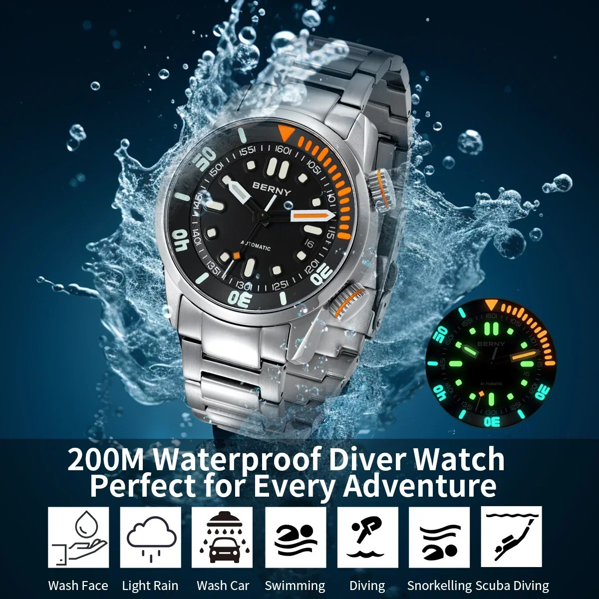 200m Automatic Dive Watch for Men Super Luminous 20ATM Sapphire Glass Swim Sport