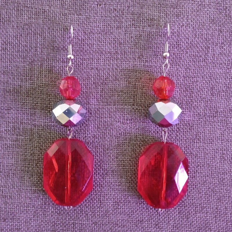 Red Beaded Dangle Drop Earrings, Silver Fish Hook, One Of A Kind, Handmade