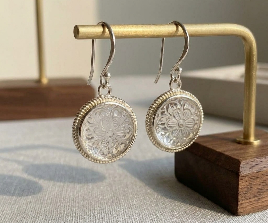 solid 925 Sterling Silver Clear Quartz carved flower dangle drop earrings