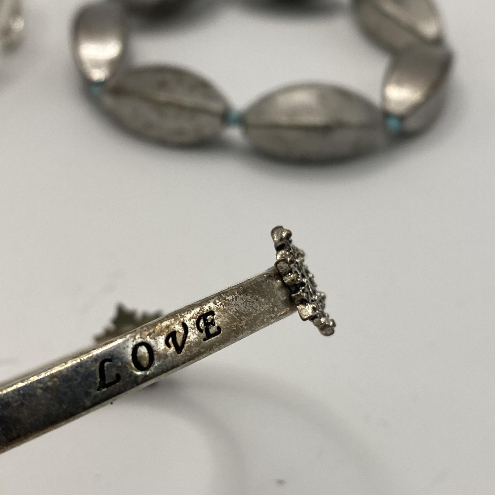 Silver Tone Bangle Beaded Bracelet Lot 4 Love Peace Inspirational 7.9 Inch