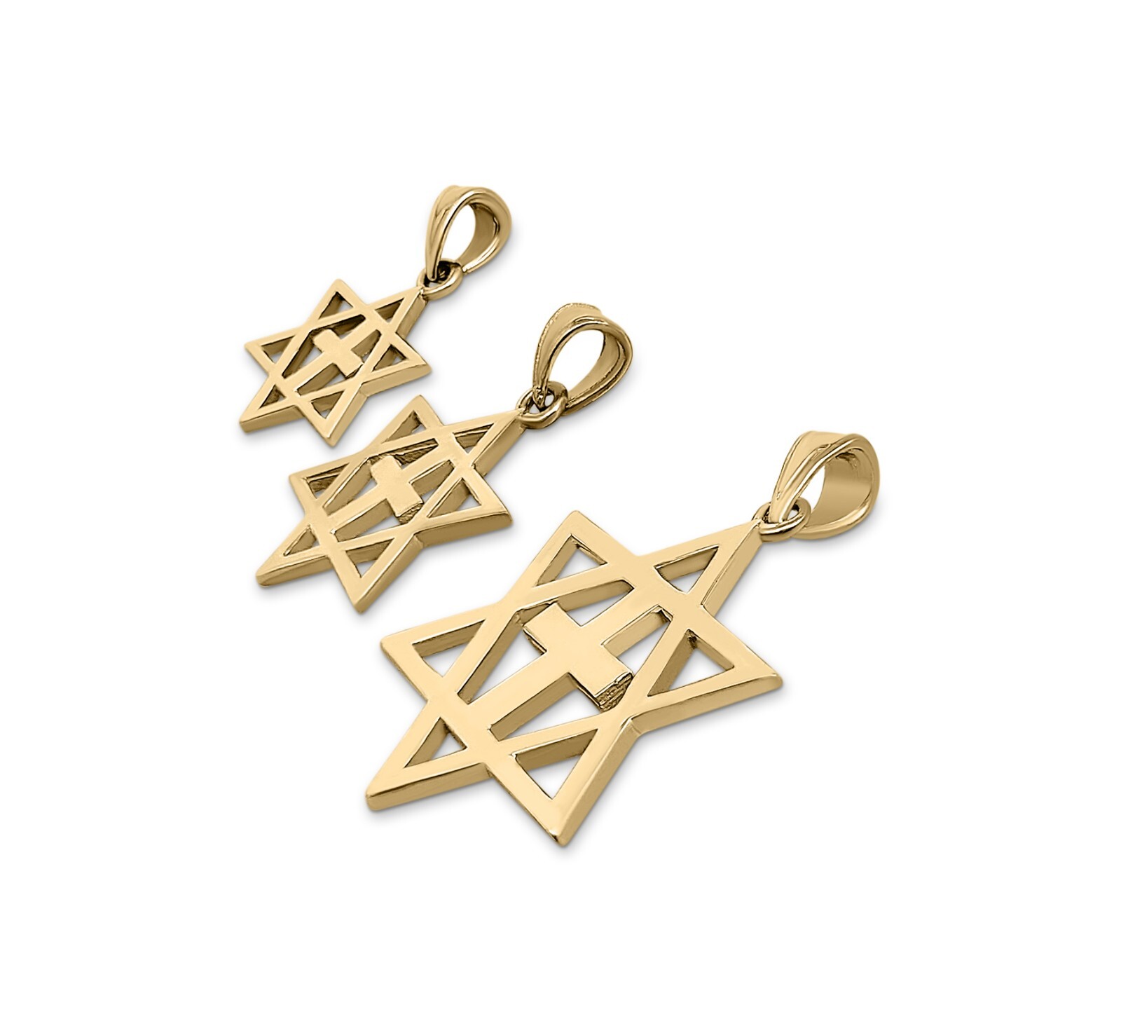 Solid 10K Yellow Gold Messianic Star of David with Cross Pendant, 3 Sizes