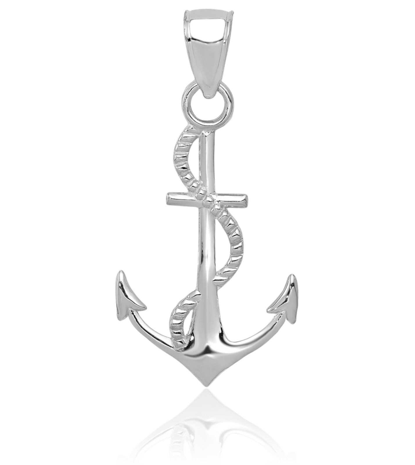 14K Solid White Gold Medium Anchor Mariner Rope Pendant Necklace 25.9mm 1 inch