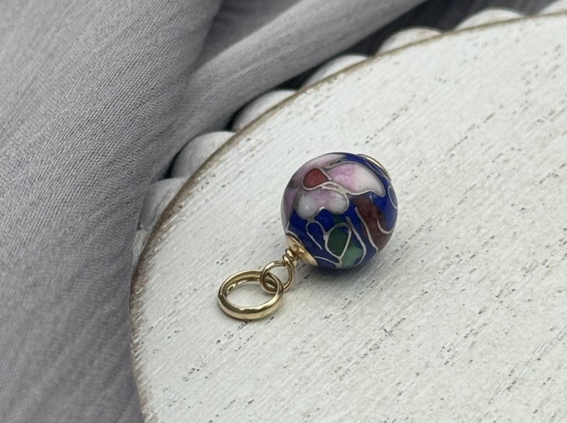 14Kt Yellow Gold W/ Blue Floral Cloisonne Round Ball Pendant 1.53G / 0.7in/10mm