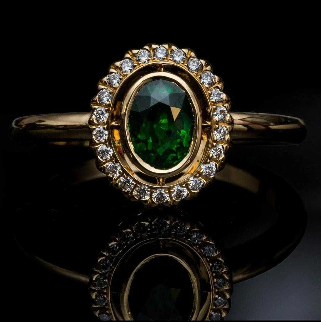 2.00 Ct Oval Cut Natural Emerald & Diamond Wedding Ring 14K Yellow Gold