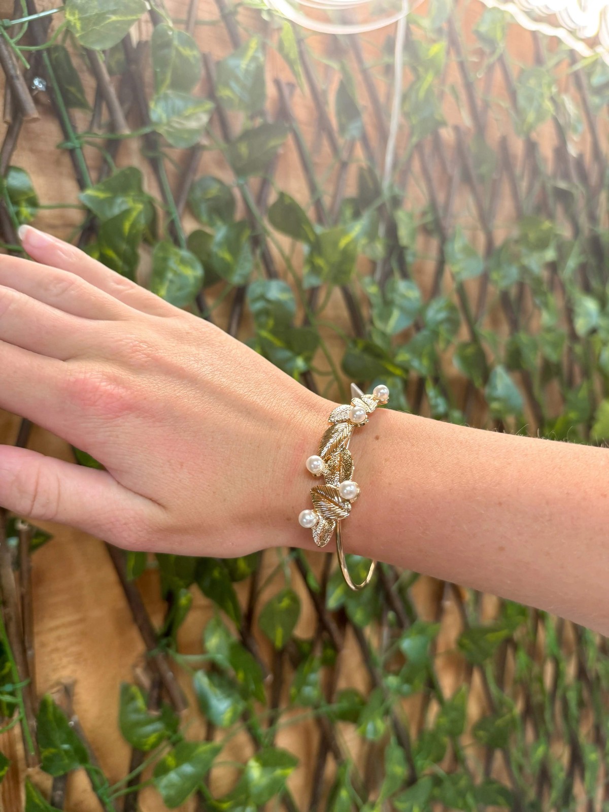 Everyday Wear Leaf Shape Metal Cuff Bracelet With Pearl