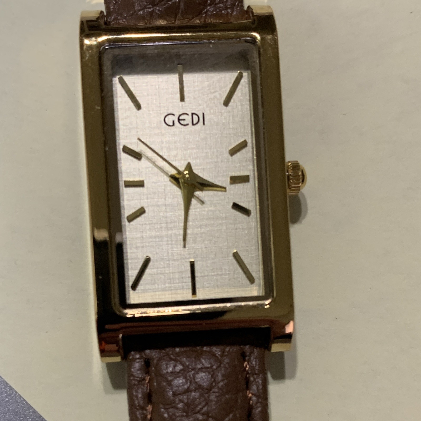 GEDI Women’s Rectangular Gold Tone Silver Dial Quartz Watch Brown Leather Strap