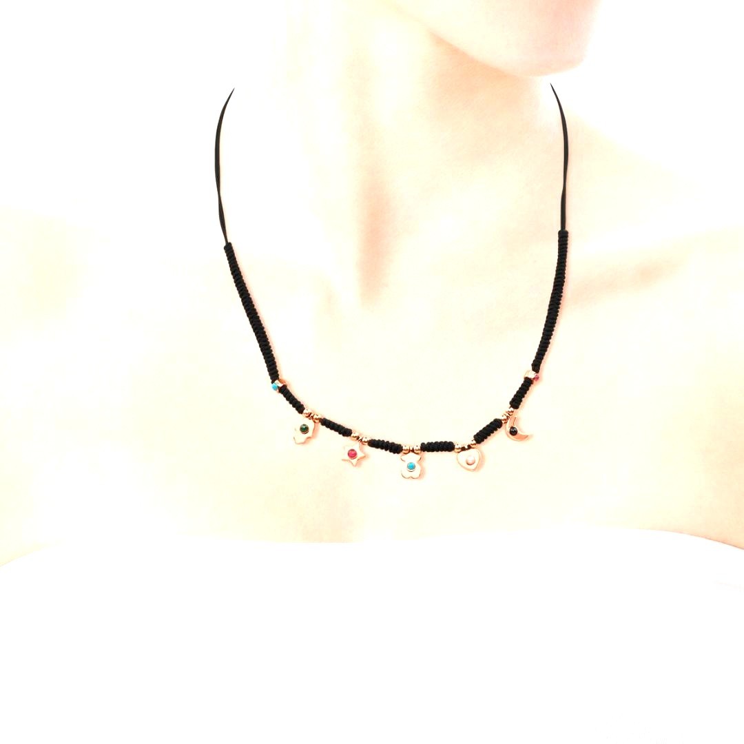 TOUS Super Power Charm Necklace Black Cord Rose Vermeil Silver Gemstone Spain