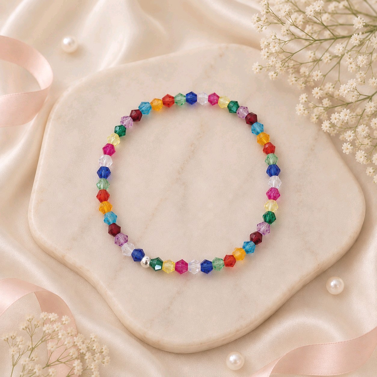 Summer Rainbow Crystal Stretch Beaded Bracelet Sterling Silver Bead Gift for Her