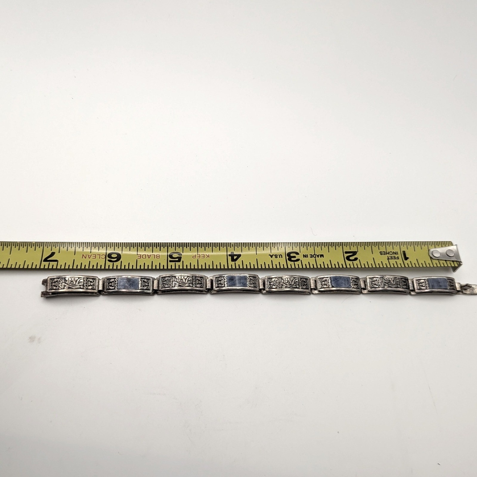 Vintage Peru 950 Silver Sodalite Link Bracelet Pre-Columbian Inca Relief 7 Inch