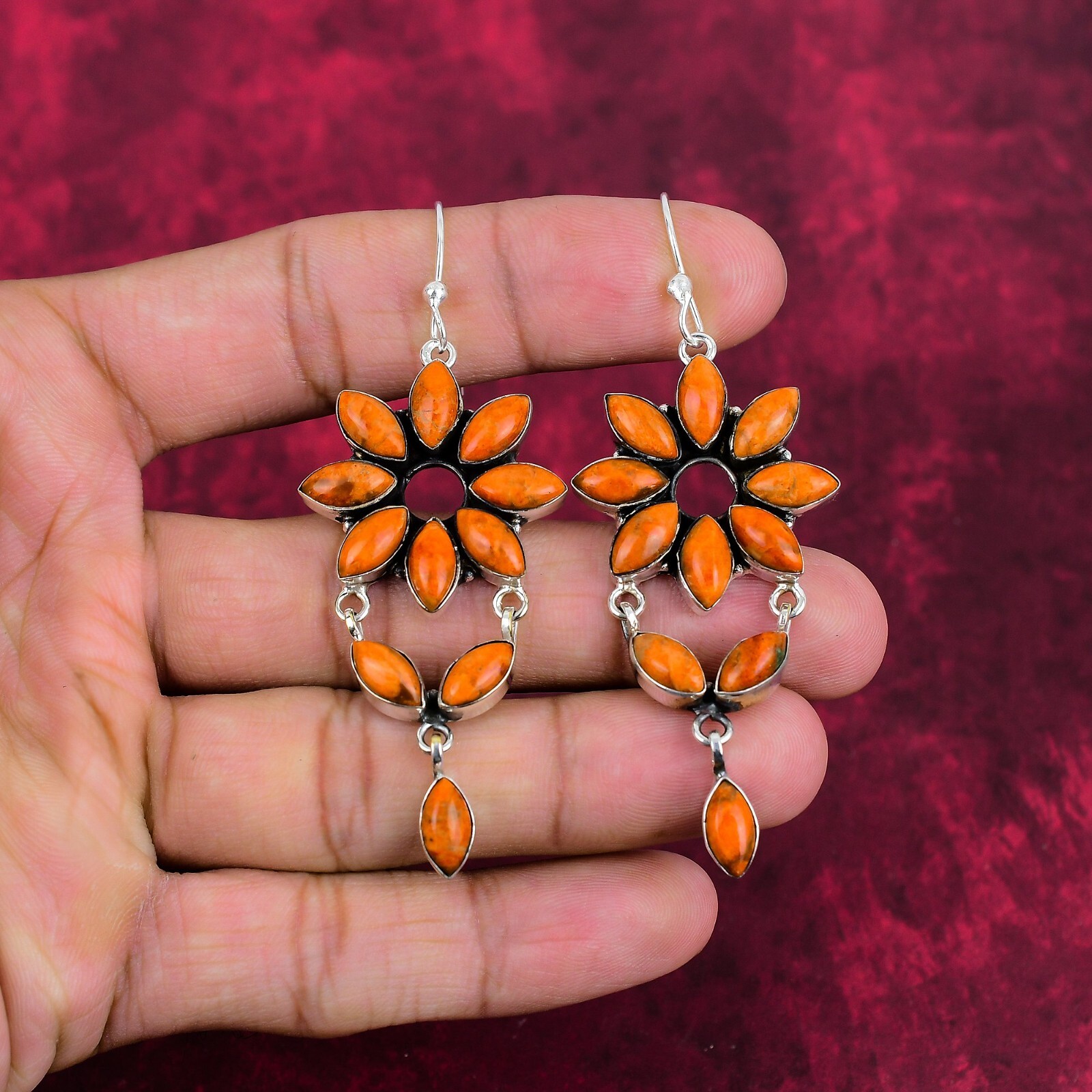 Orange Spong Coral Gemstone Handmade 925 Sterling Silver Earrings Jewelry