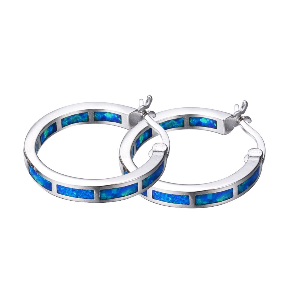 925 Sterling Silver Hoop Earring, Opal Small Small, Blue and Sliver