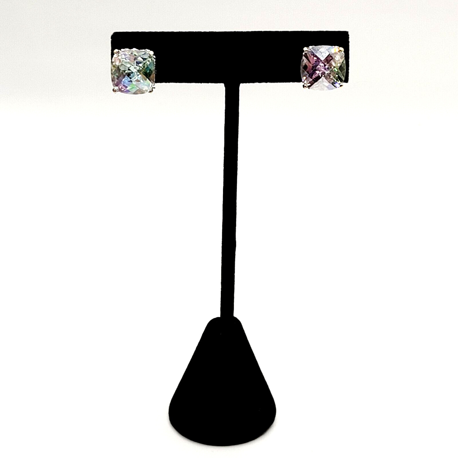 Modern Rainbow AB Crystal Square Stud Two Tone Ornate Frame Pierced Earrings
