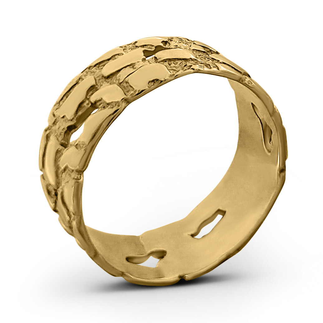 Solid 18K Yellow Gold Mens Nugget Band, 9mm Gold Nugget Ring, Size 5 – 15