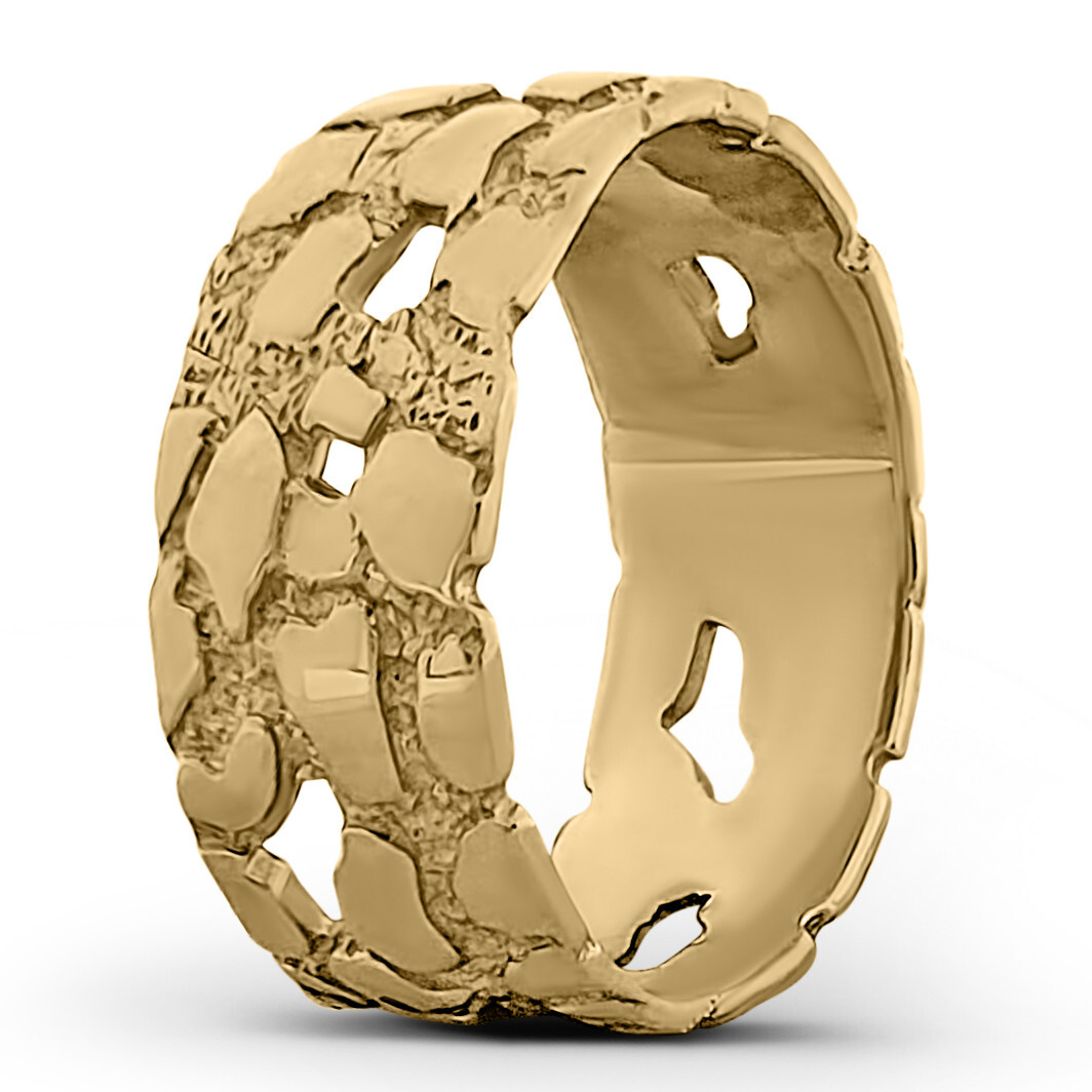 Solid 10K Yellow Gold Mens Nugget Band, 9mm Gold Nugget Ring, Size 5 – 15
