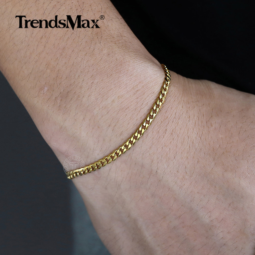 3mm Men Chain Gold Plated Stainless Steel Curb Cuban Necklace or Bracelet 7-30”
