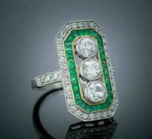 Art Deco Style Lab Created Diamond & Emerald Engagement 14K White Gold FN Ring