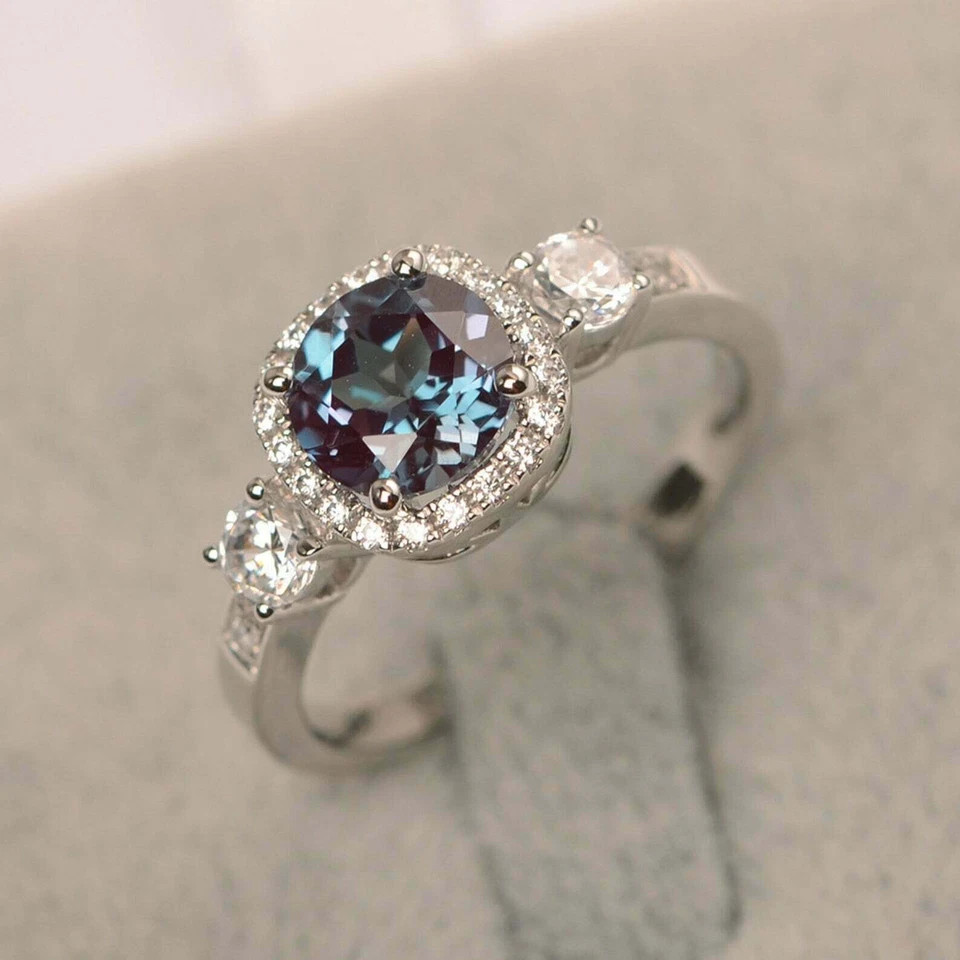 2.50Ct Round Cut Alexandrite Diamond Halo Engagement Ring 14K White Gold Finish