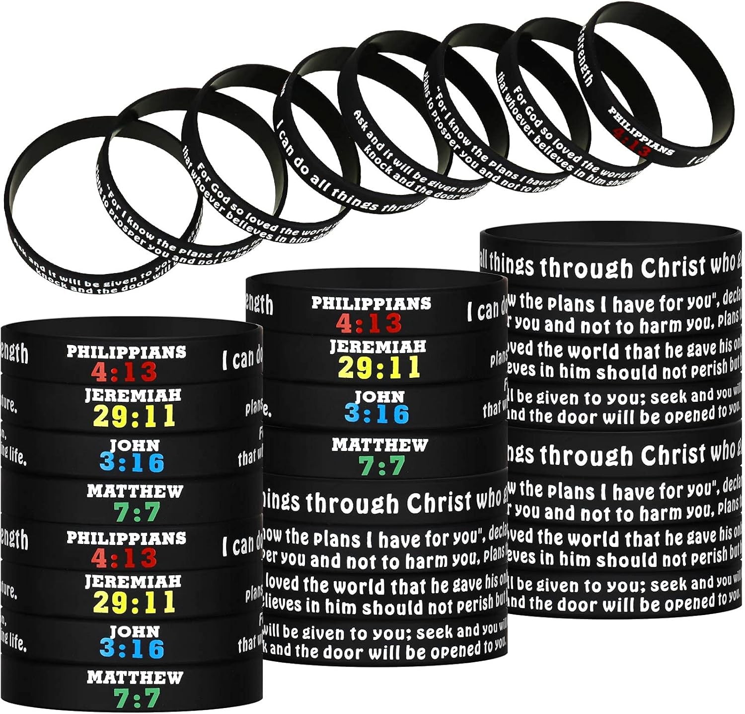 Inspirational Bible Verses Religious Christian Silicone Rubber Bracelets, 48 Pcs