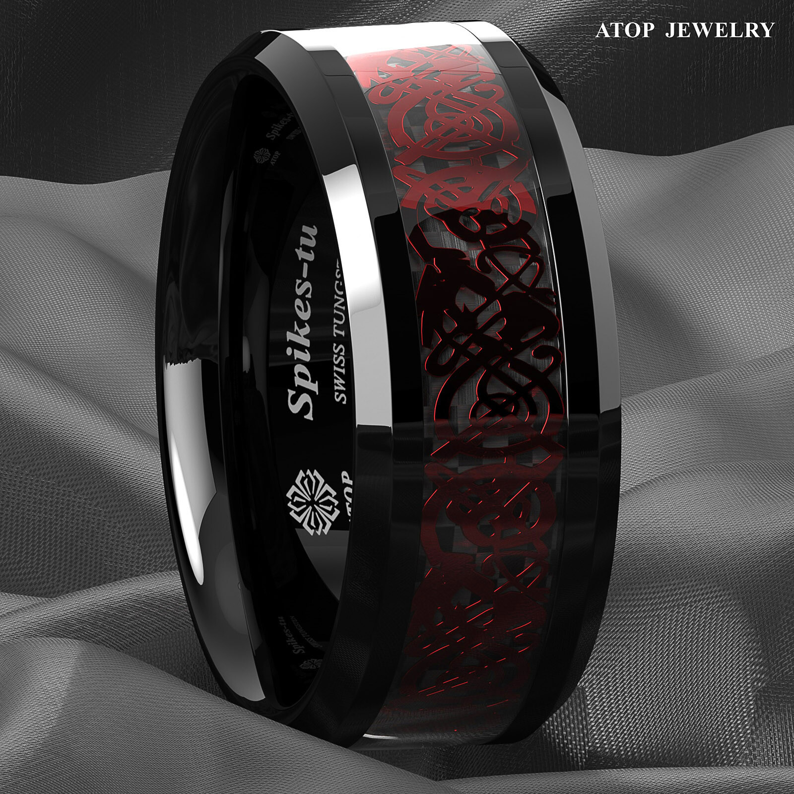 ATOP 8/6mm Men Black Red Tungsten Ring Wedding Band Celtic Dragon Carbon fiber