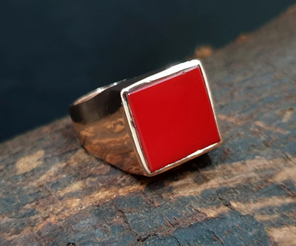 Rose Gold Red Coral Signet Men’s Ring 925 Sterling Silver Coral Jewelry For Boys