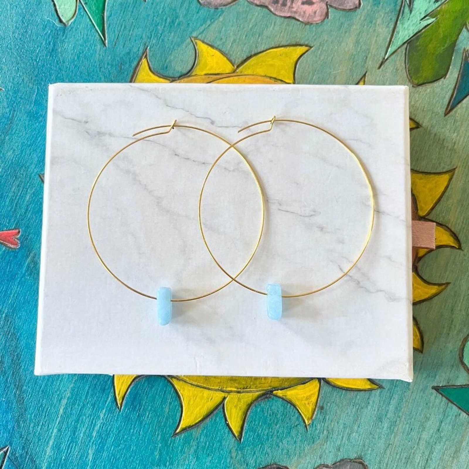 Gold Memory Wire Delicate Hoop Earrings with Blue Crystal Accent