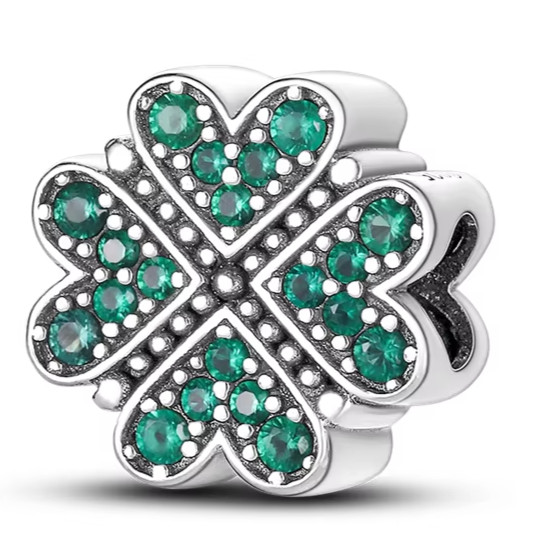 GREEN CZ 4 LEAF HEART CLOVER S925 STERLING SILVER CHARM BRACELET BEAD & POUCH!