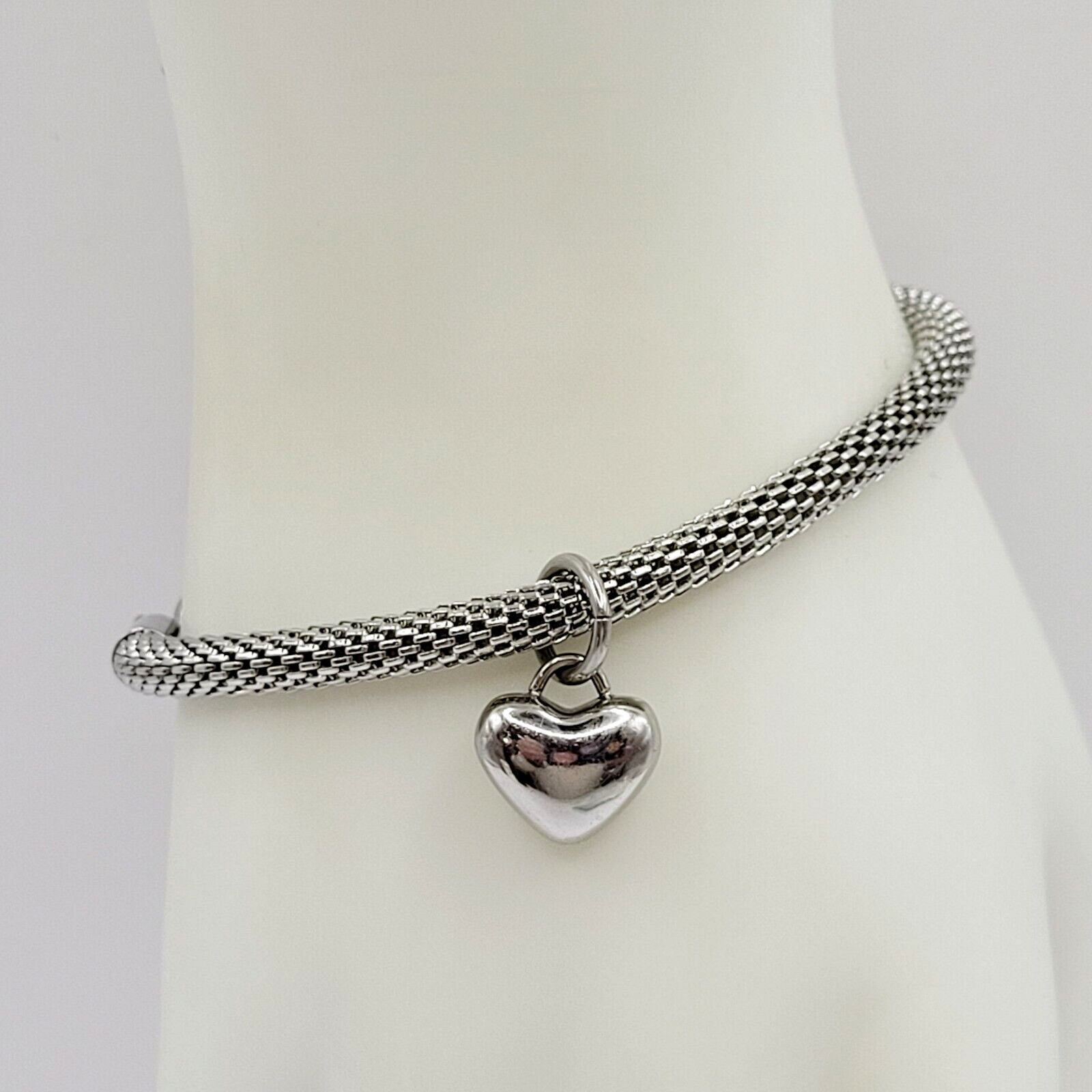 Puffy Heart Polished Charm Dangle on Silver Tone Stainless Mesh Bracelet 7 Inch