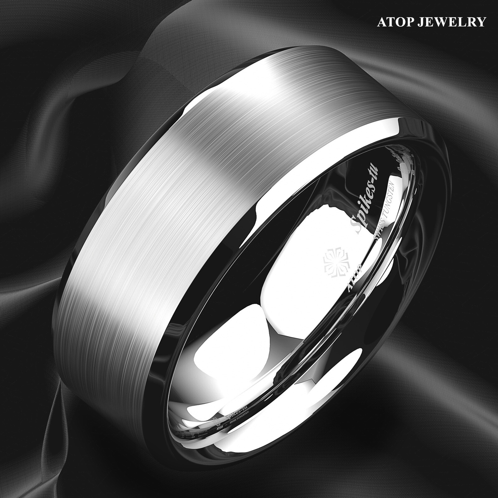 8mm Brushed Silver Tungsten Carbide Men’s Wedding Band Comfort Fit ATOP Ring