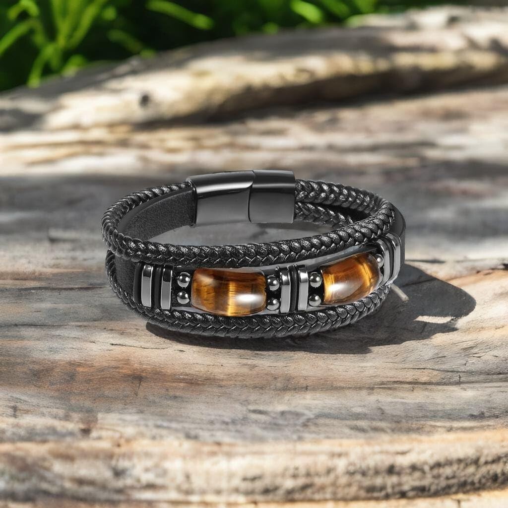 Tiger Eye Black Leather Bracelet Men Energy Crystal Stone Healing Reiki Gift
