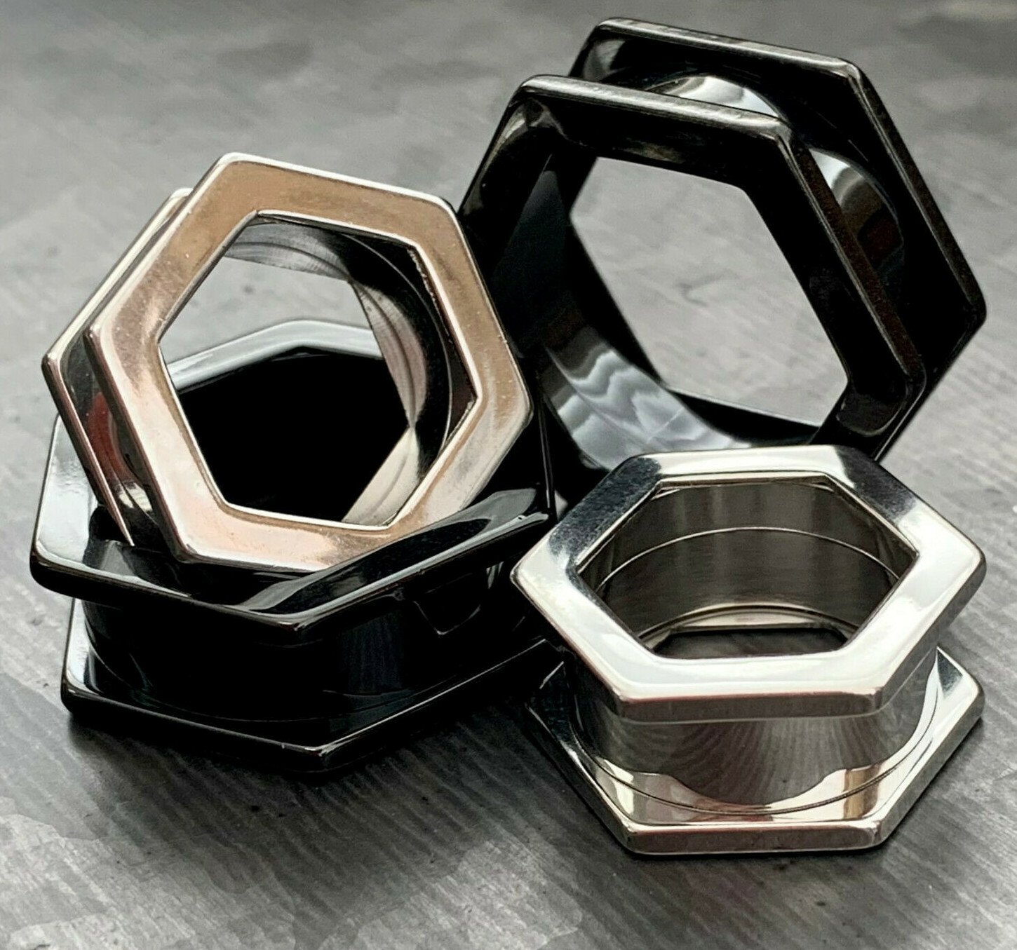PAIR Hexagon Screw Fit Tunnels Plugs 316L Surgical Steel, Black or Silver