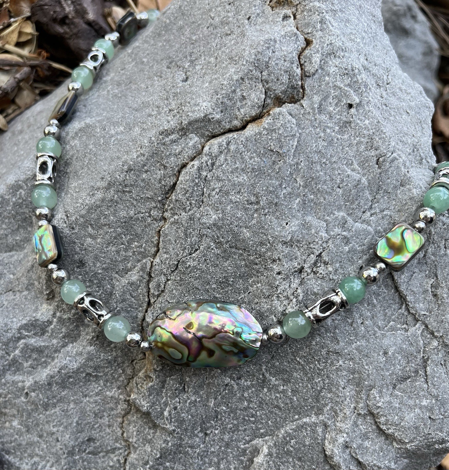 Abalone Pendant Necklace ~ Green Aventurine, Abalone & Stainless Accents 20″