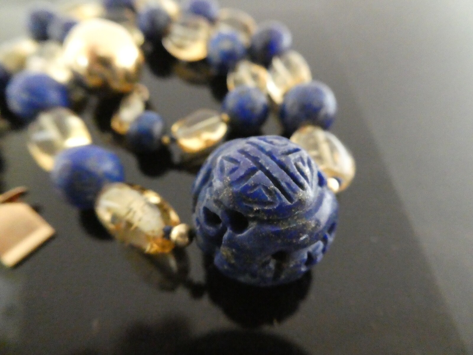 Vintage Lapis Lazuli & Citrine Gemstone Bead Carved Gold Filled Necklace 15.5″