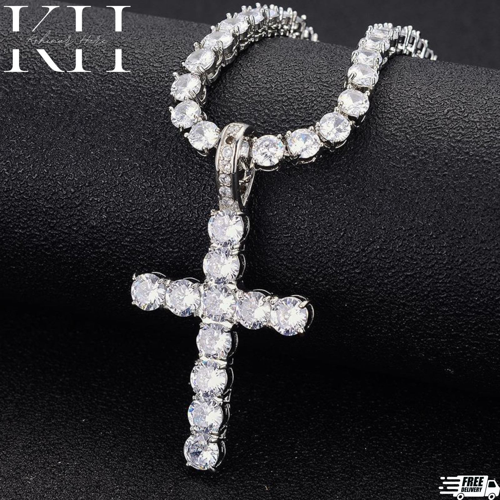 14k Gold Silver Plated Tennis Chain Choker ICED CZ Necklace with Cross Pendant