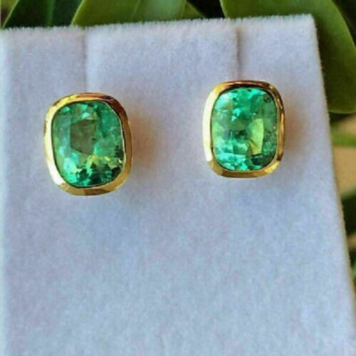 3Ct Lab Created Emerald Push Back Bezel Set Stud Earrings 14K Yellow Gold Over