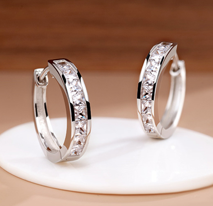 925 Sterling Silver Plated Square CZ Huggie Hoop Earrings Women Men