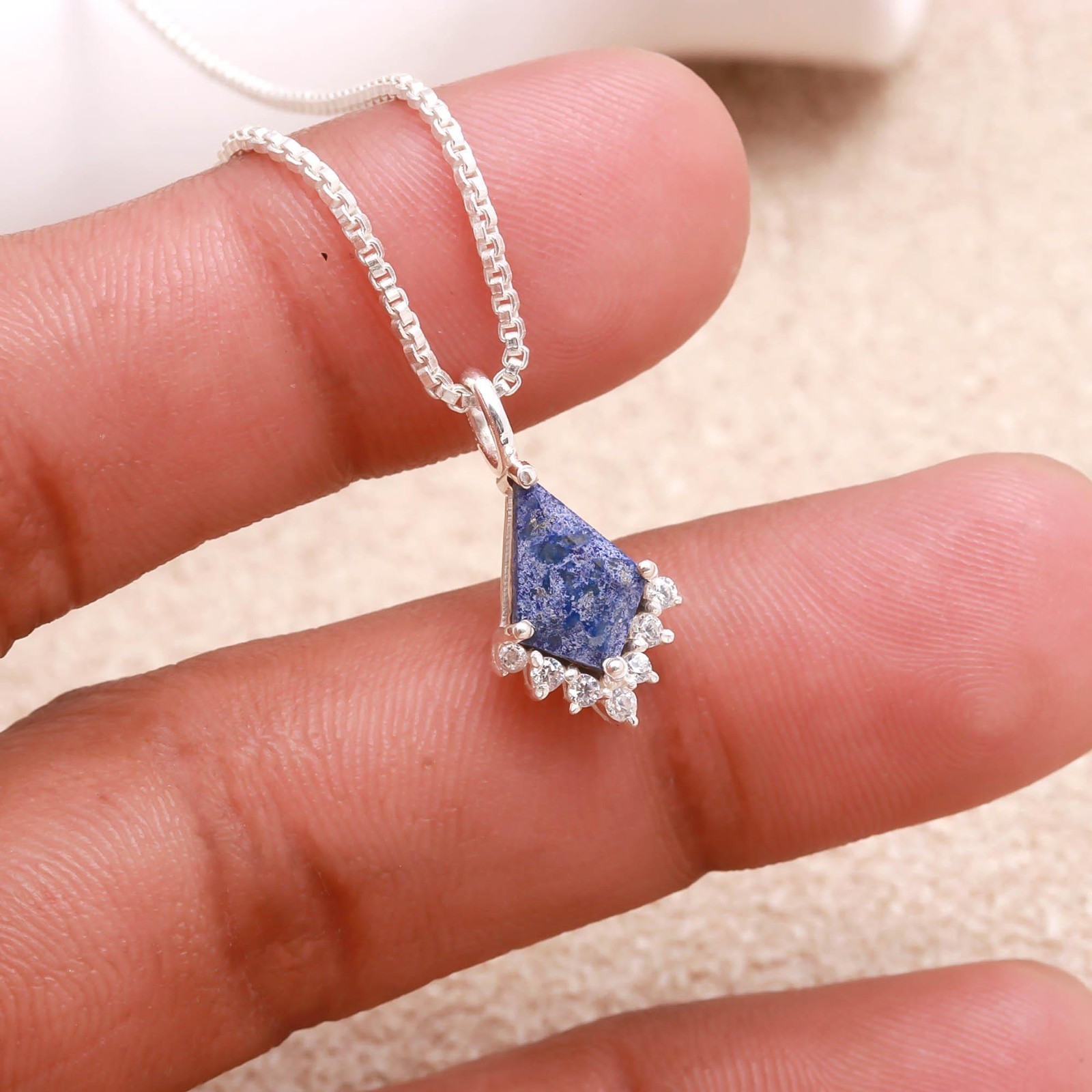 Natural Lapis Lazuli Kite Chain Pendant 925 Sterling Silver Moissanite Jewelry