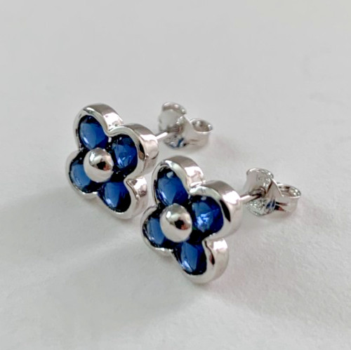 Sapphire Cubic Zirconia Four Leaf Clover Stud Earrings in Solid Sterling Silver