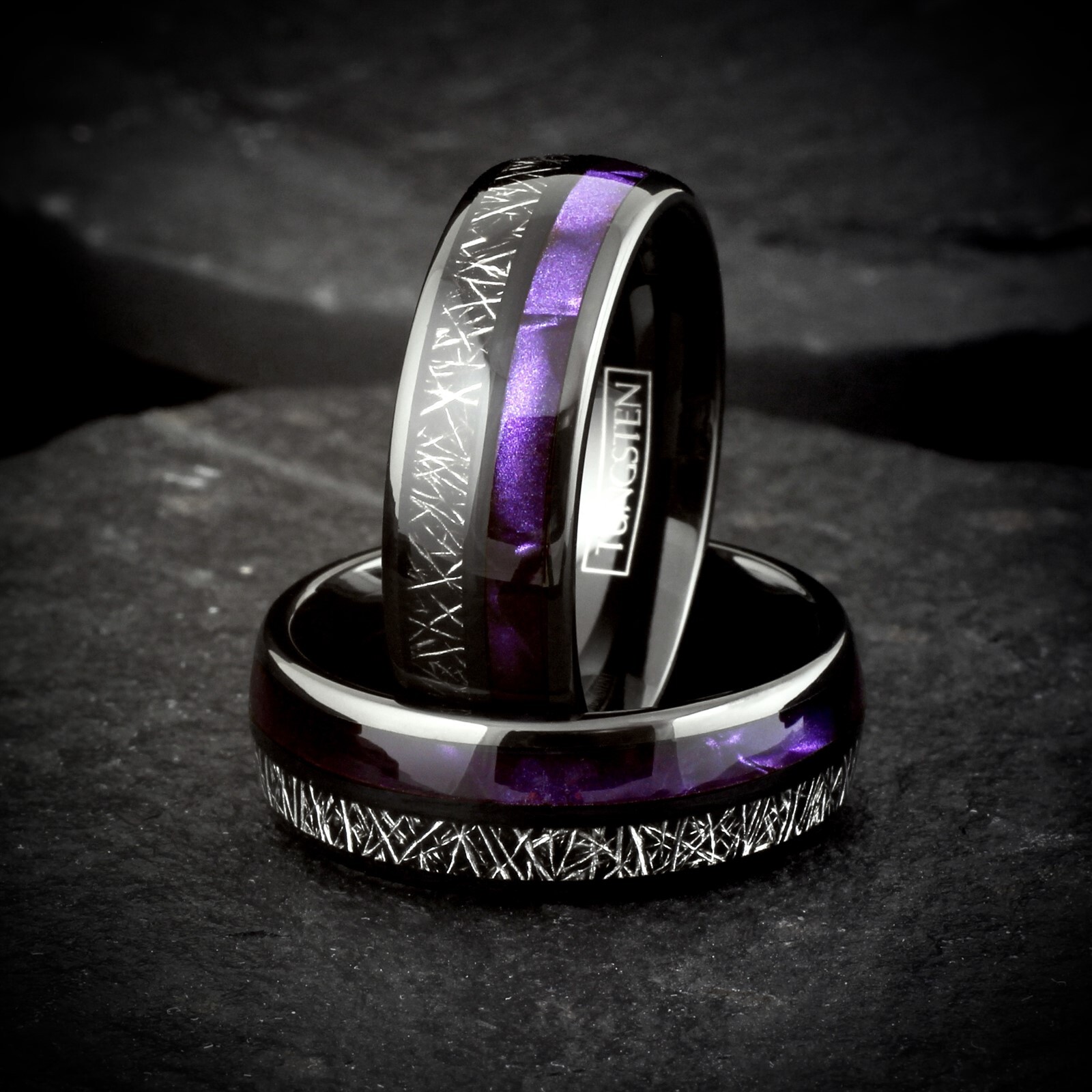 Black Tungsten Carbide Ring Purple Shell and Faux Meteorite Stripe Wedding Band