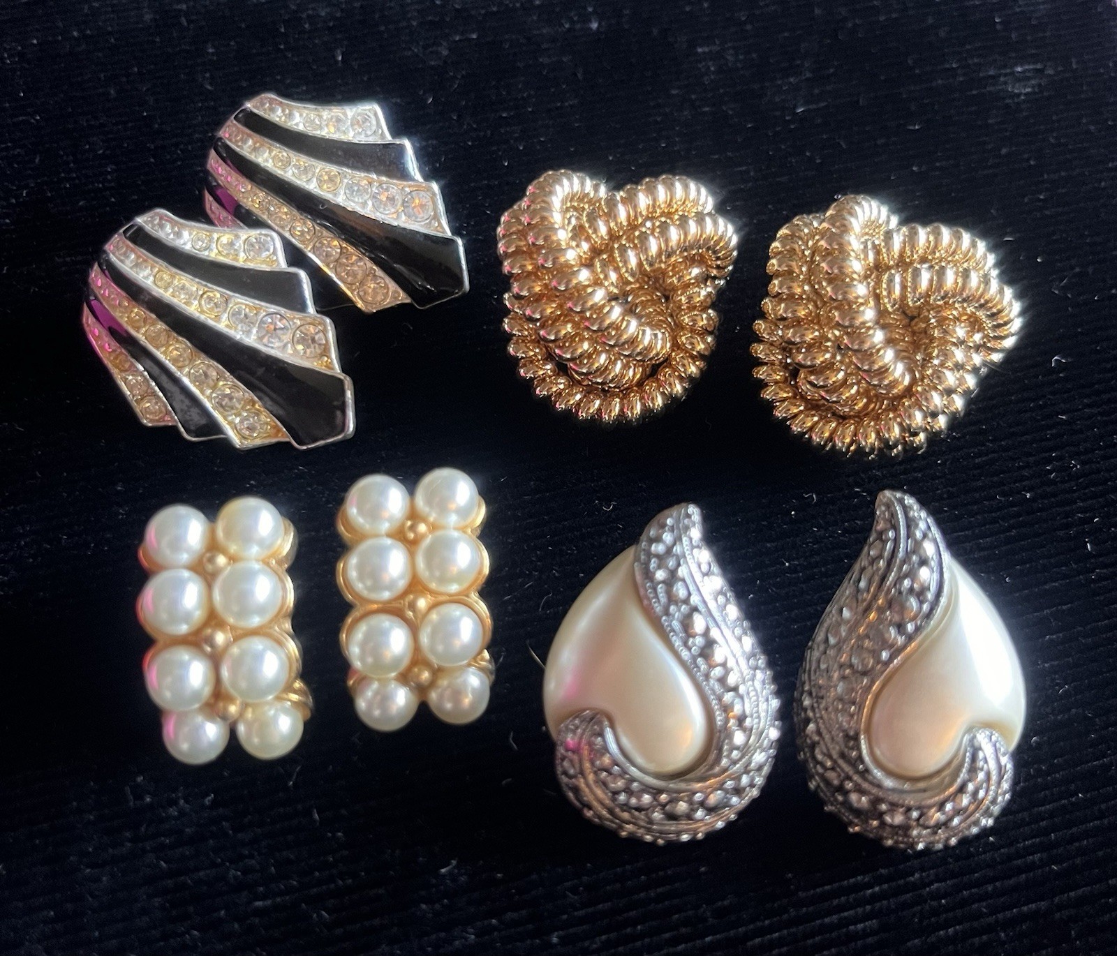 4 pair of vintage statement earring sets metal faux pearl rhinestones