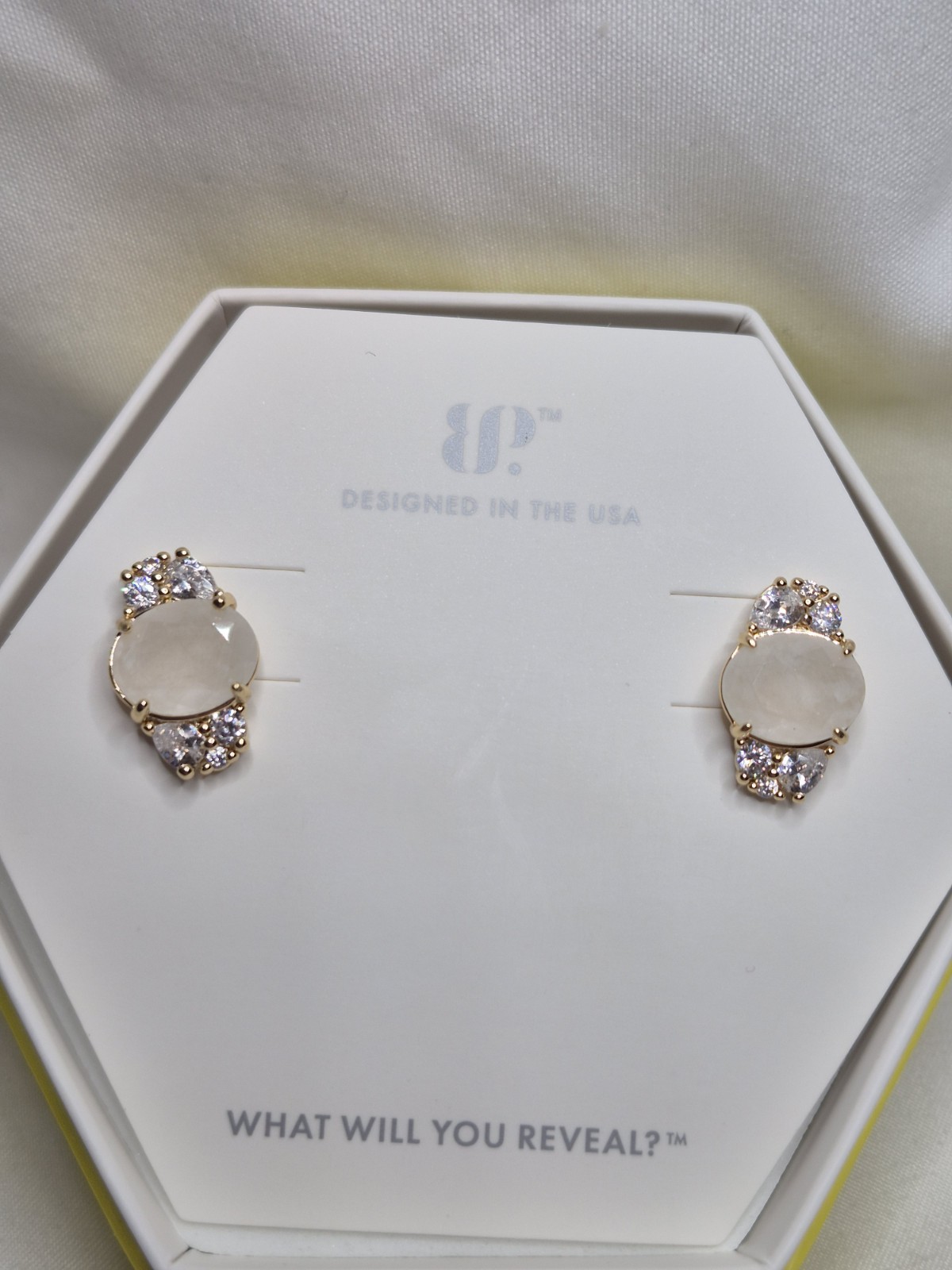 Bomb Party Earrings “Just Say Yes” White Agate/Genuine Quartz On Gold Plating