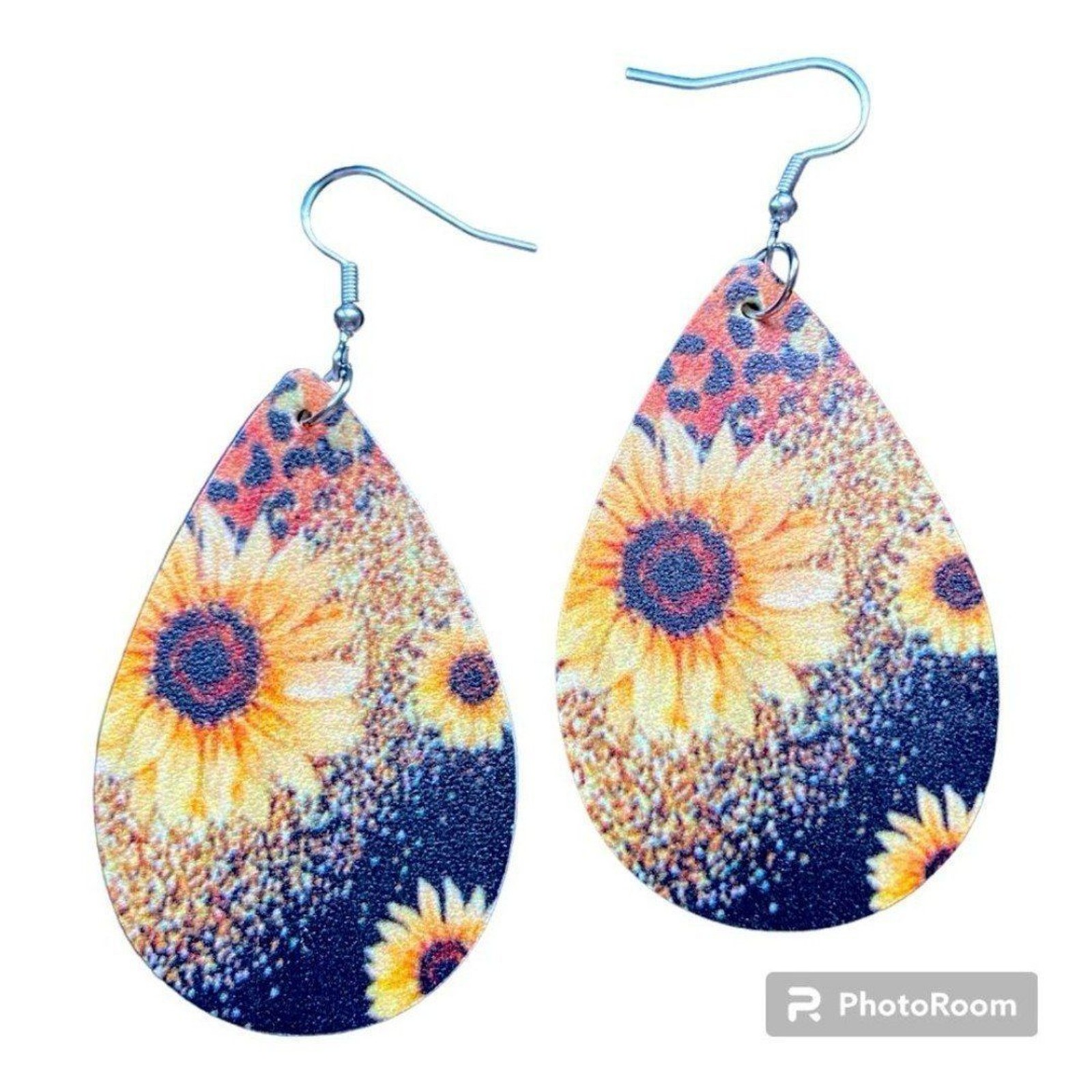 Sunflower and Leopard Teardrop Dangle Earrings Faux Leather