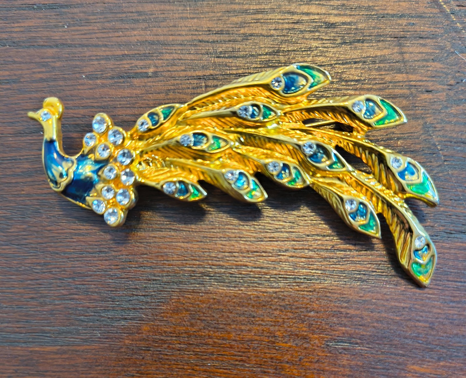 VTG Enamel Rhinestone Peacock Brooch Blue Green Gold Tone 2.5″ costume fashion