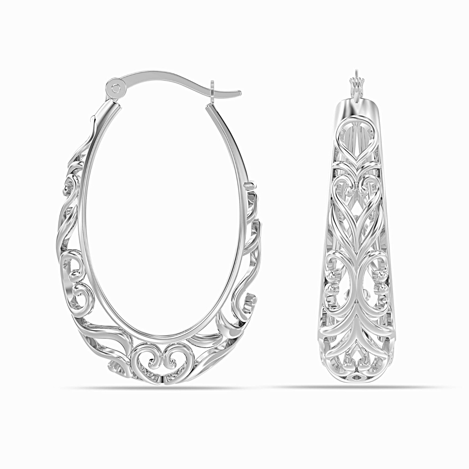 LeCalla 925 Sterling Silver Post Filigree Oval Hoop Earrings for Women 32 mm