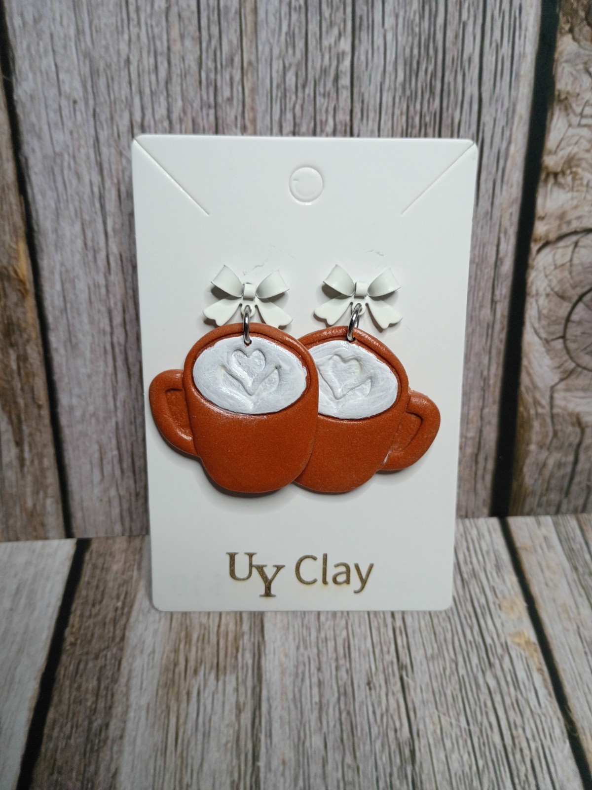 Handmade Coffee Mug Latte Art White Bow Polymer Clay Earrings – Hypoallergenic