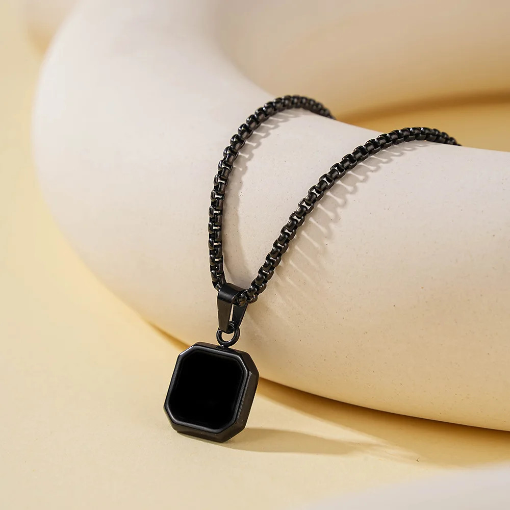Square Pendant Necklace Stylish Black Geometric Pendant Stainless Steel Necklace