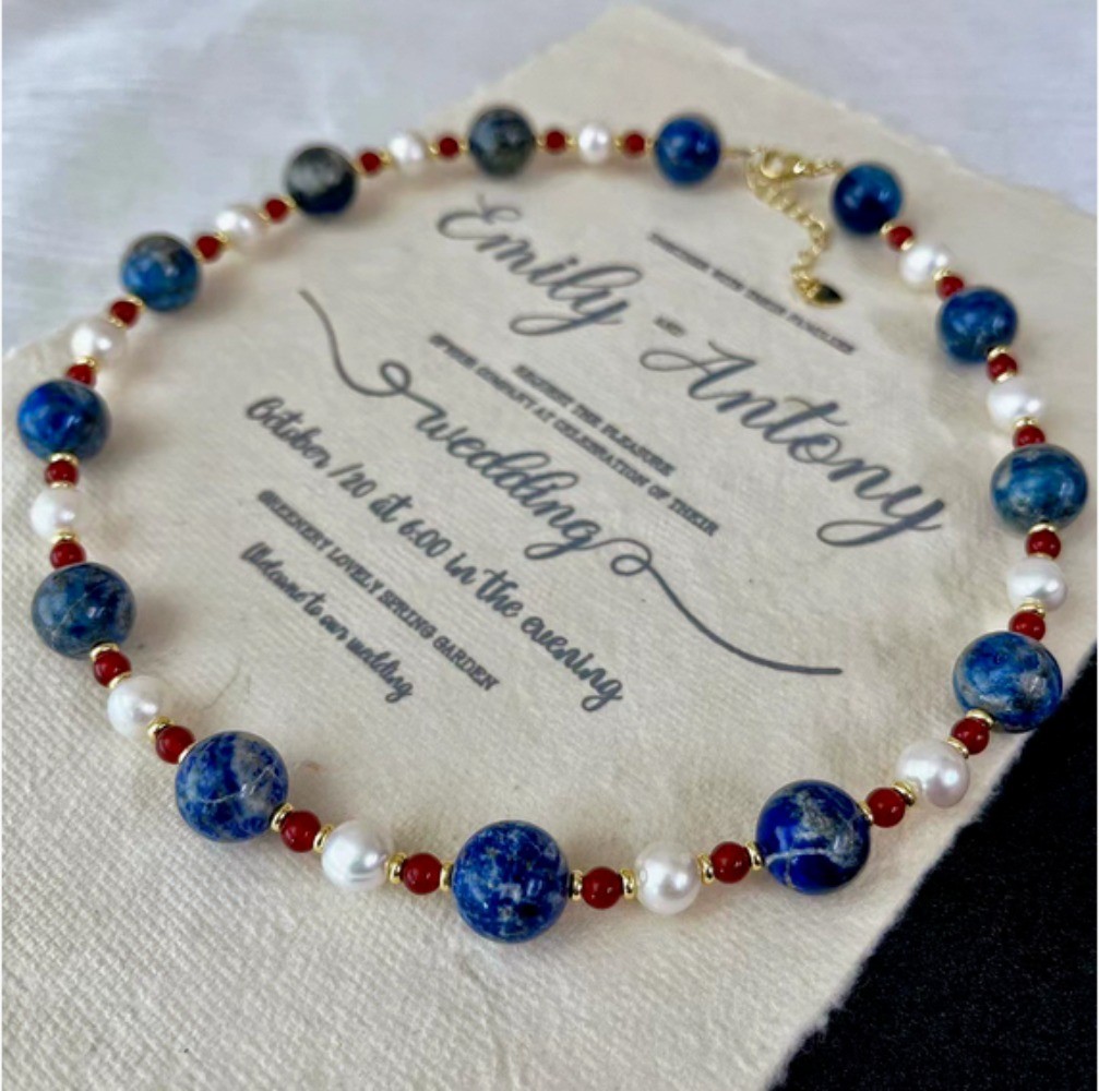 New Beautiful 10mm Lapis Lazuli Red Jade White Pearl Gemstone Necklace 16-36in