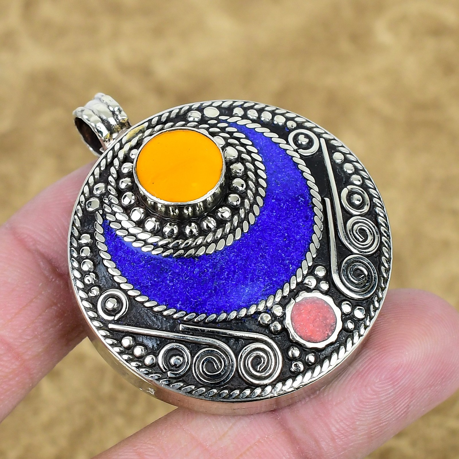 Yellow Coral Lapis Lazuli Pendant 925 Sterling Silver Handmade Jewelry SC 2146