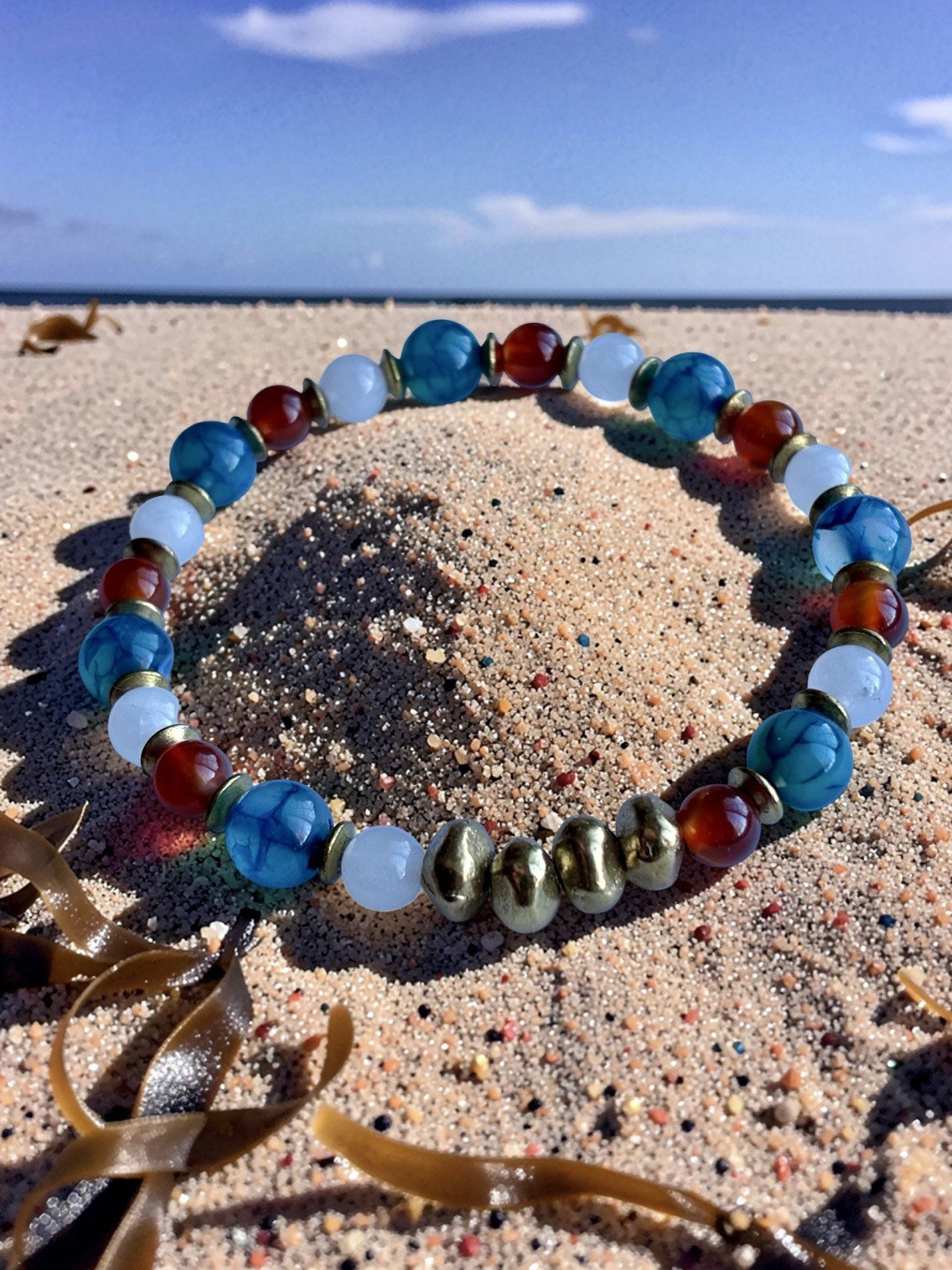 Independence Day Patriotic Stretch Gemstone Bracelet, With Solid Brass Nuggets