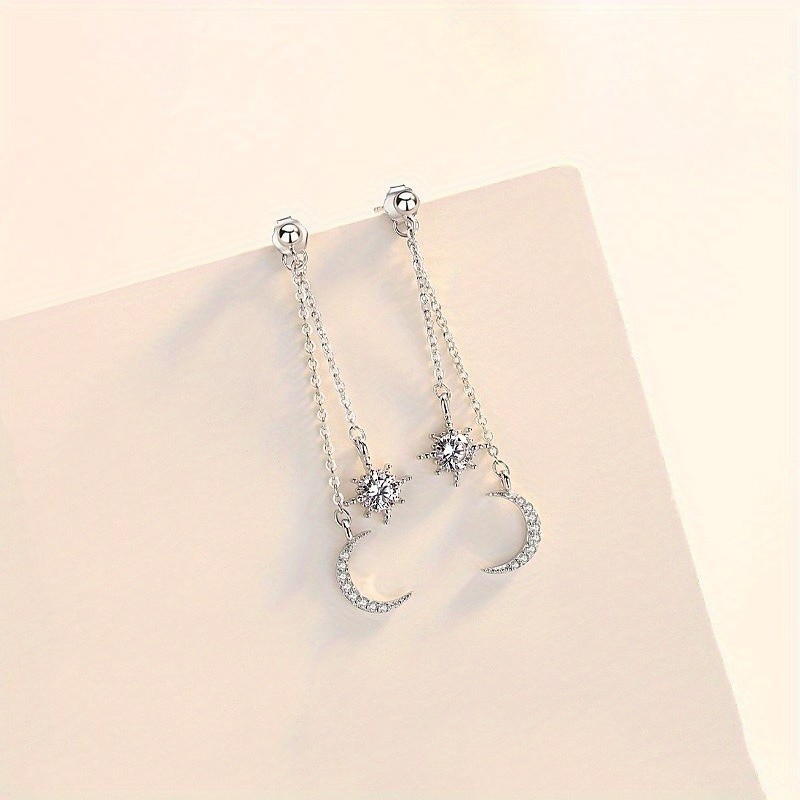 Women’s Long Tassel Ear Studs Inlaid Synthetic Zircon Star Moon Earrings Alloy