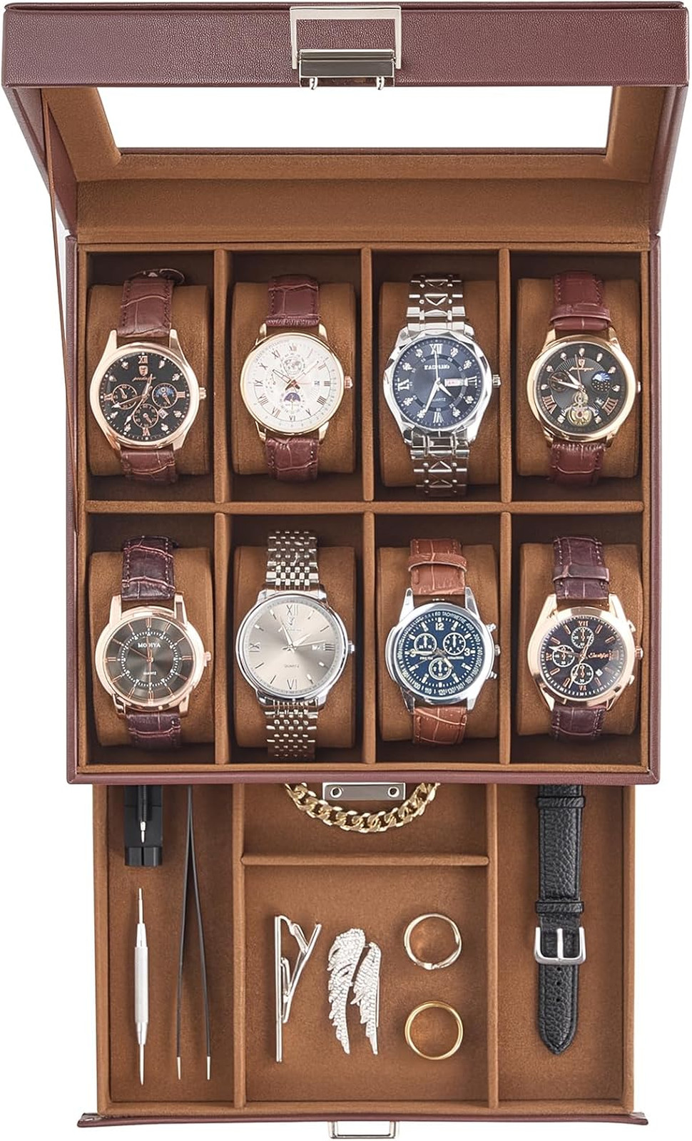 Watch Storage Box with Drawer, 8 Slot Leather Watch Case Organizer for Men